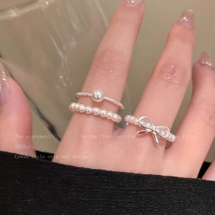 韩系蝴蝶结珍珠戒指女夏日轻奢高级感甜美食指戒小众设计百搭指环