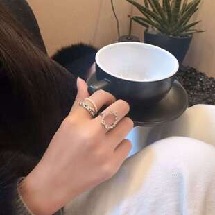 ins风镶钻椭圆戒指叠戴韩系设计高级小众食指轻奢复古指环开口