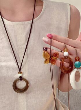 复古民族风圆圈吊坠项链女新中式波西米亚长款毛衣链挂脖配饰颈链