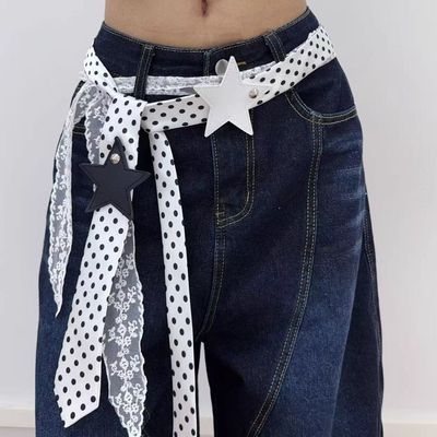 波点丝巾腰带配牛仔裤腰间配饰