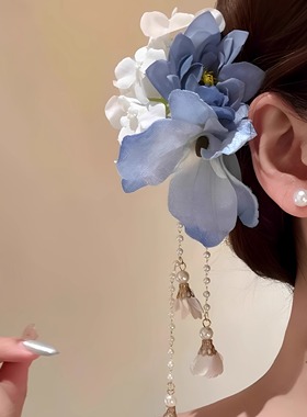 蓝调芳华 古风蓝色花朵流苏发夹女新中式旗袍侧边夹超仙度假发饰