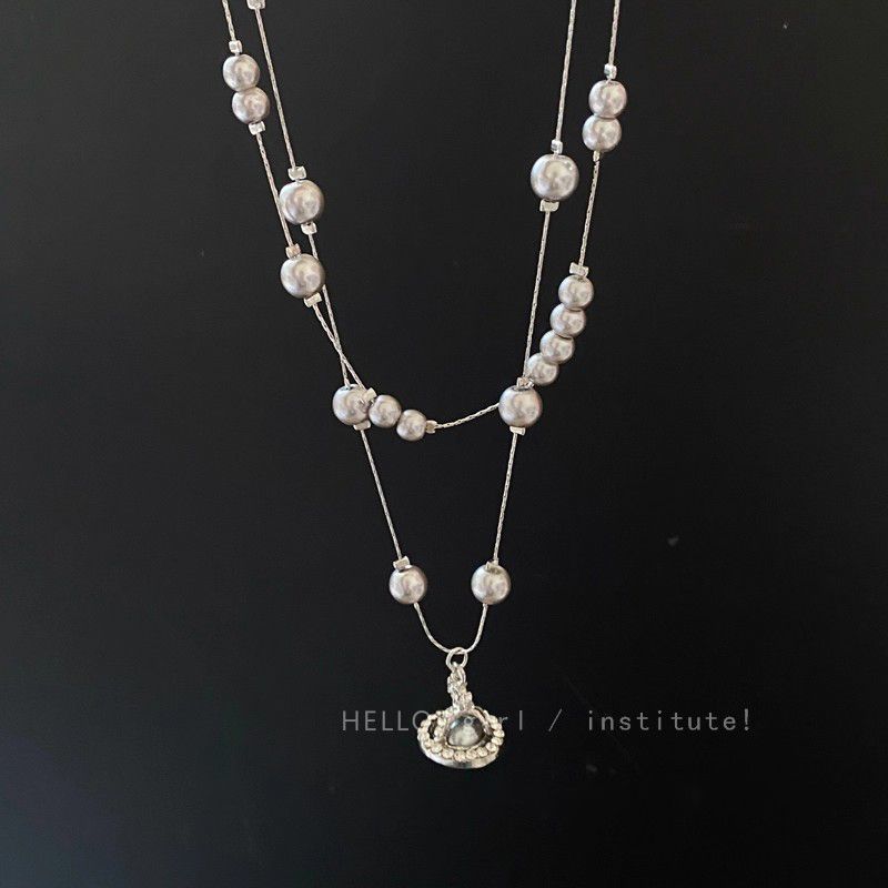 土星吊坠长款叠戴灰珍珠项链