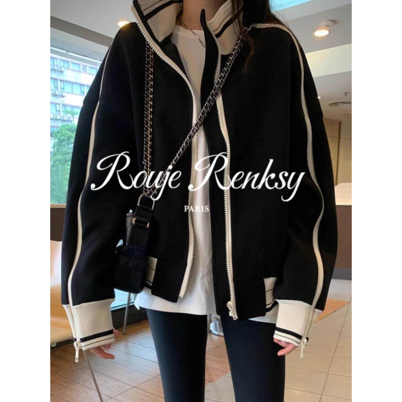 法国Rouje Renksy法式覆古立领外套女秋冬百搭卫衣拉炼拼色棒球服,女装/女士精品,常规大码外套,淘宝优惠券,粉丝福利购,淘宝优惠卷