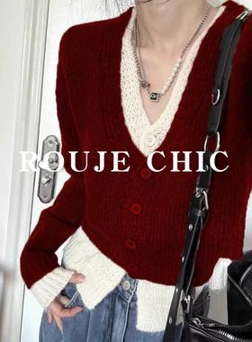 法国rouje chic法式安可拉红假两件v领针织衫女秋冬慵懒外搭毛衣