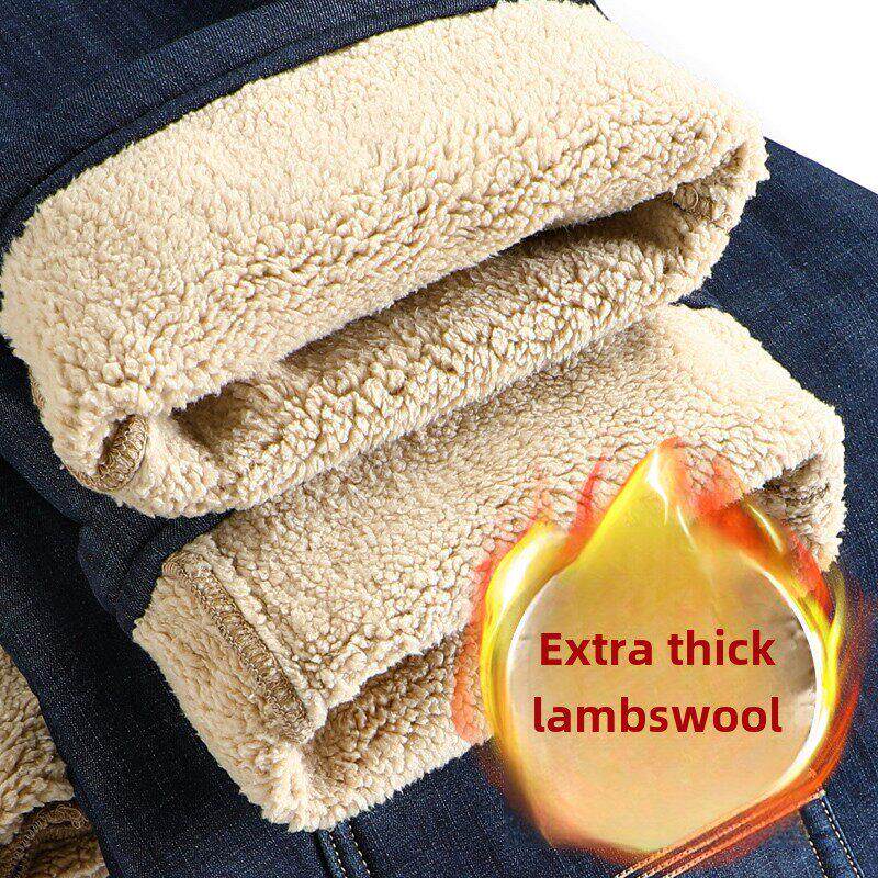 冬季牛仔裤男加绒加厚中年宽松直筒男裤爸爸羊羔绒保暖大码长裤子