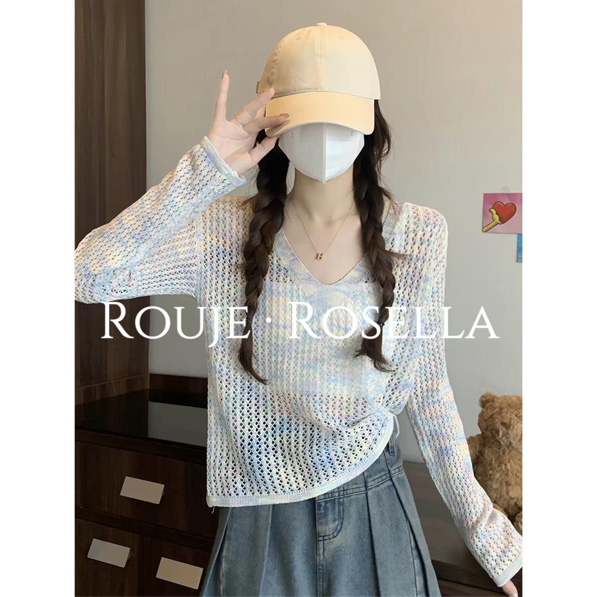 法国Rouje Rosella小众镂空防晒罩衫女夏设计感彩色长袖上衣