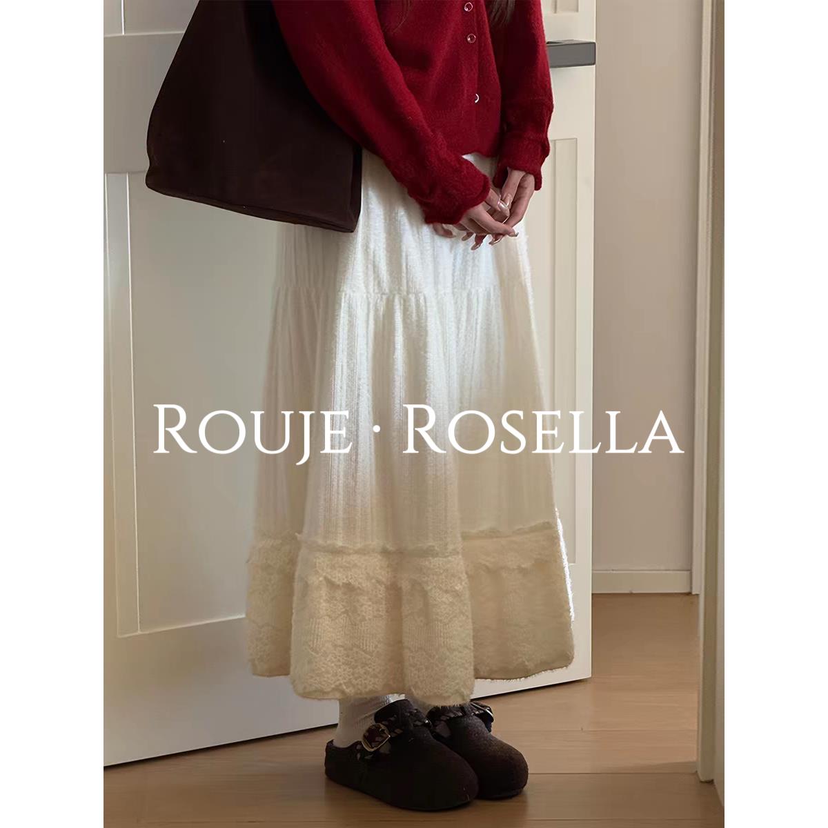 法国Rouje Rosella温柔风白色针织半身裙女春秋新款蛋糕长裙子