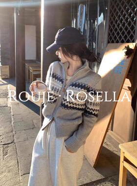 法国Rouje Rosella⭐灰色费尔岛拉炼立领毛衣外套女宽松针织开衫
