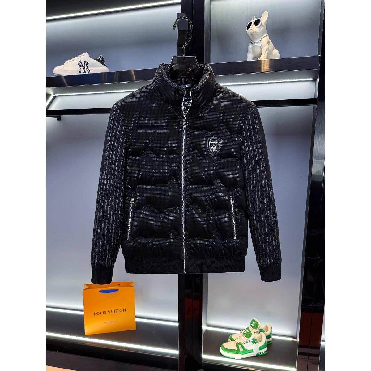 男外套高级感拼接针织袖黑色痞帅潮流个性时尚立领羽绒服男冬季