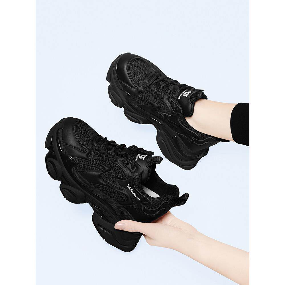 网红黑色厚底老爹鞋女款轻便内增高2025冬春秋休闲真皮软底运动鞋