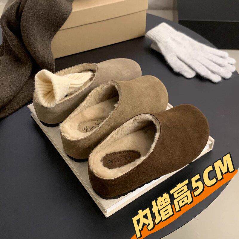 潮牌小个子内增高真皮勃肯鞋女厚底半拖加绒秋冬棉鞋新款包头拖鞋