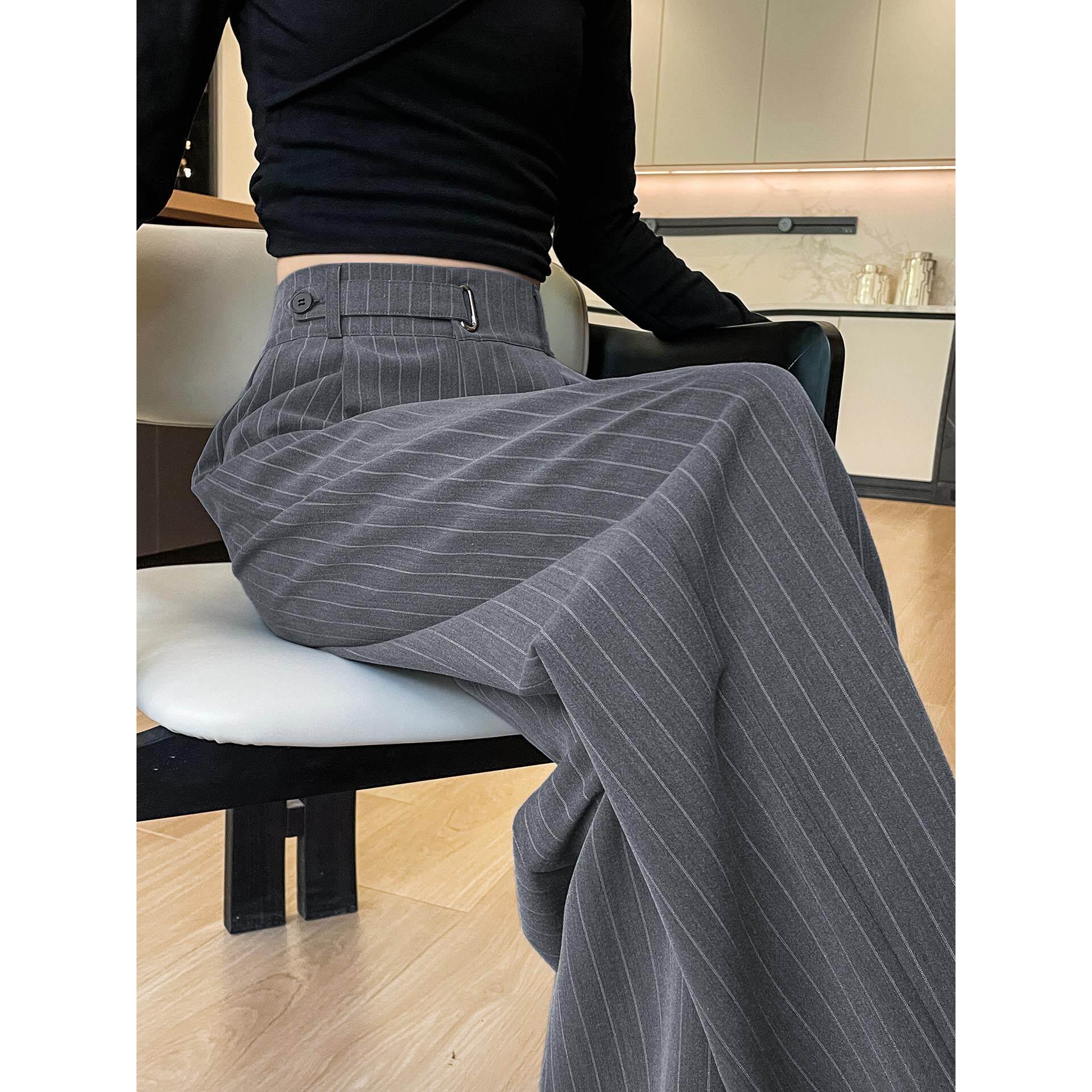 条纹西装裤女2025新款春秋季垂感直筒小个子高腰窄版休闲阔腿裤子