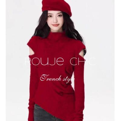 法国rouje chic法式红色半高领加厚露肩针织衫毛衣女秋冬高级上衣