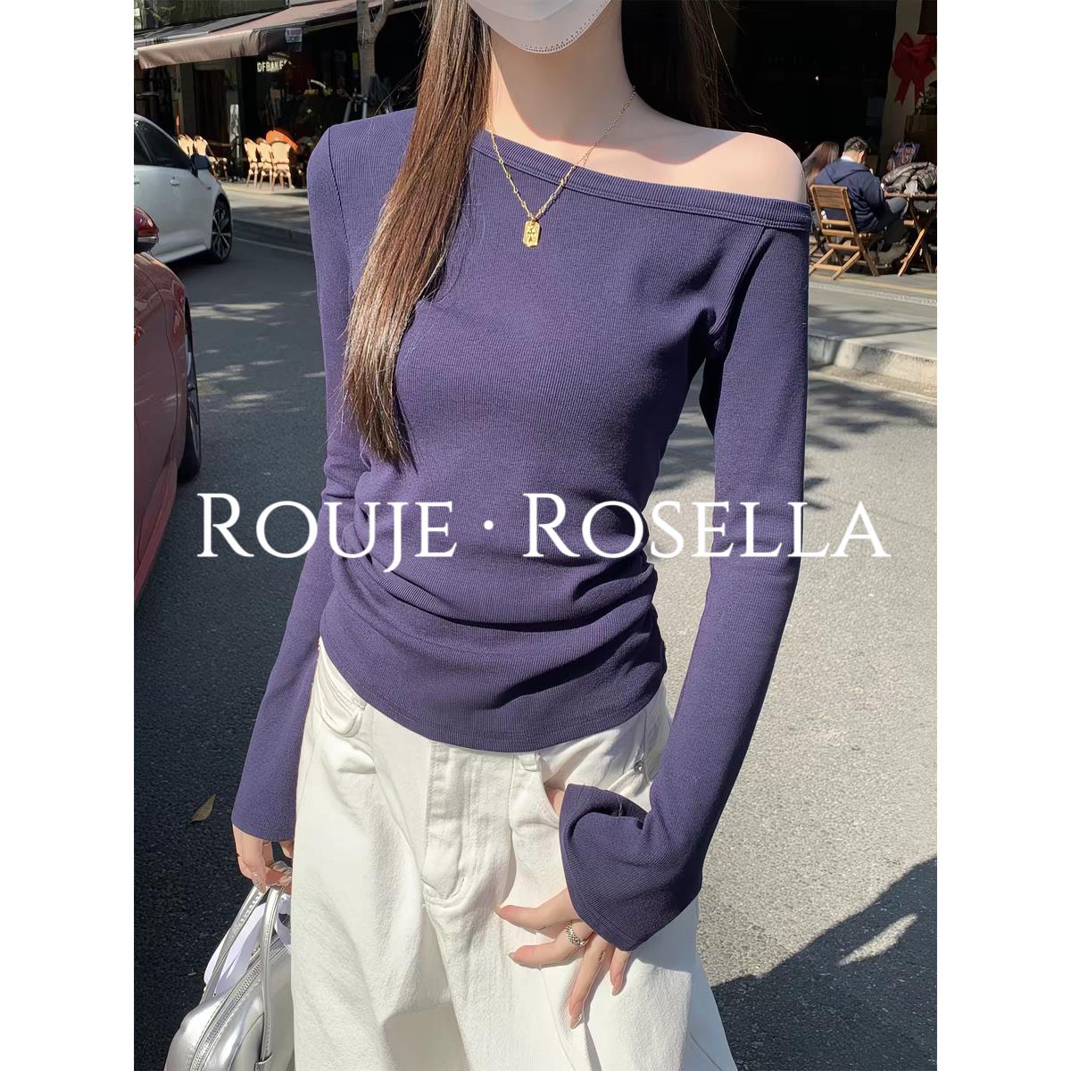 法国Rouje Rosella绝美气质露肩长袖针织衫女春季新款修身打底衫
