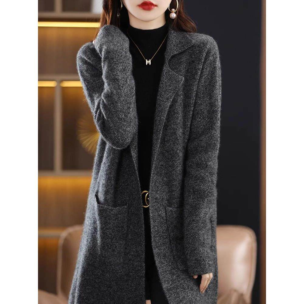 YENR 秋冬爆款时尚洋气中长款羊绒开衫 翻领毛衣宽松羊毛针织外套