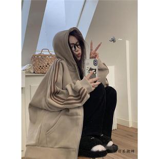 Sly慵懒风加绒卫衣 Oversize中长款开衫 卡其色休闲连帽外套