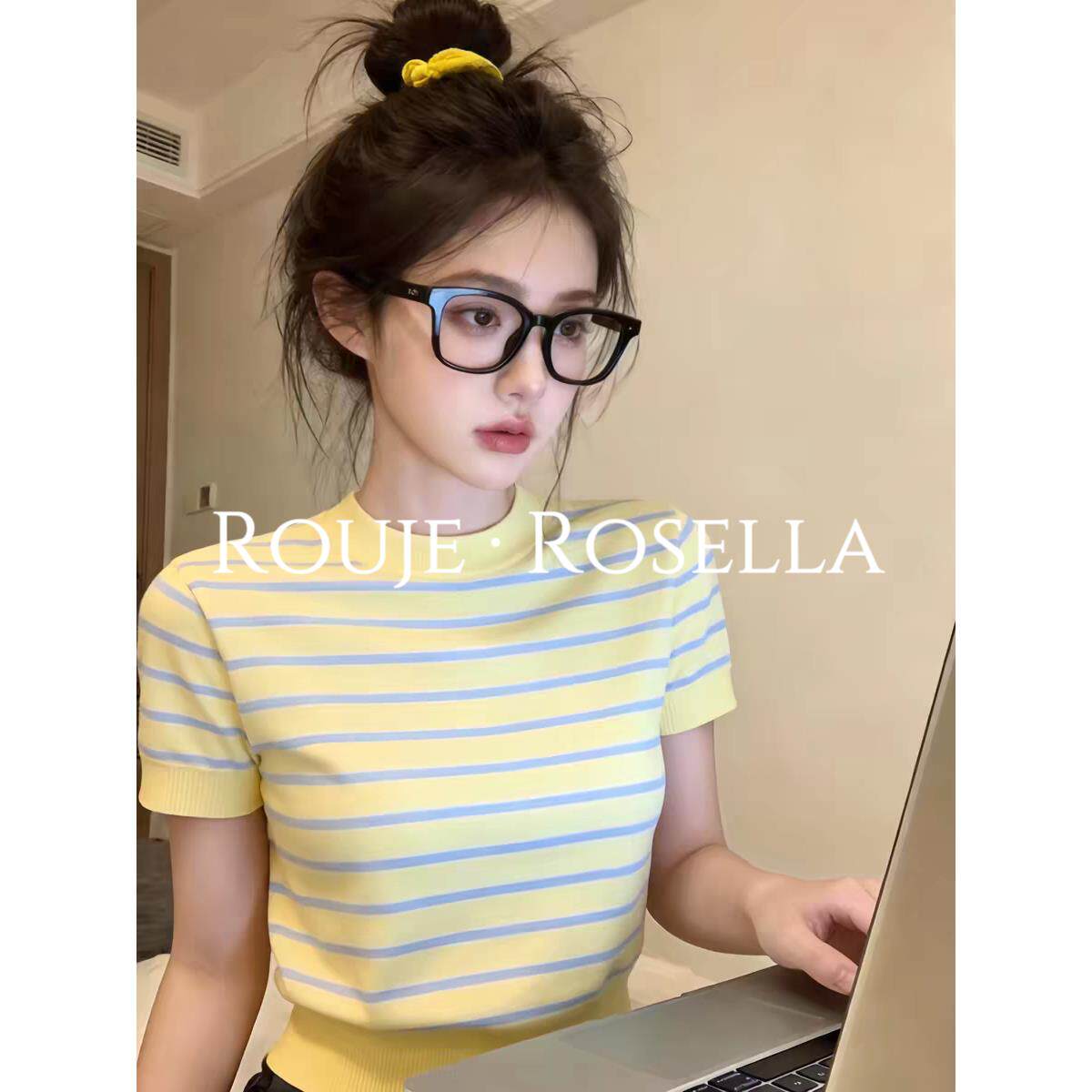 法国Rouje Rosella温柔减龄风条纹短袖针织衫女夏宽松百搭上衣