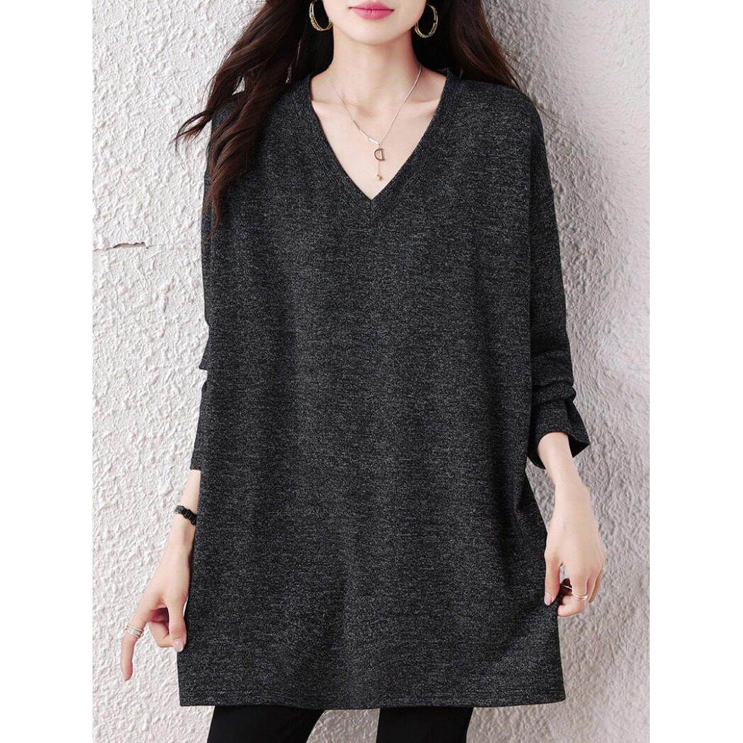 Canary Kiss慵懒风V领长袖T恤女春季宽松显瘦中长款通勤打底上衣