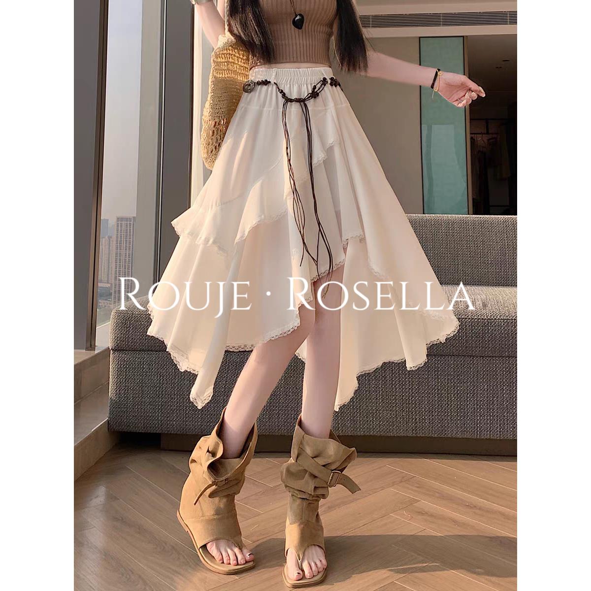 法国Rouje Rosella气质时髦斜裁不规则荷叶边下摆半裙女小个子