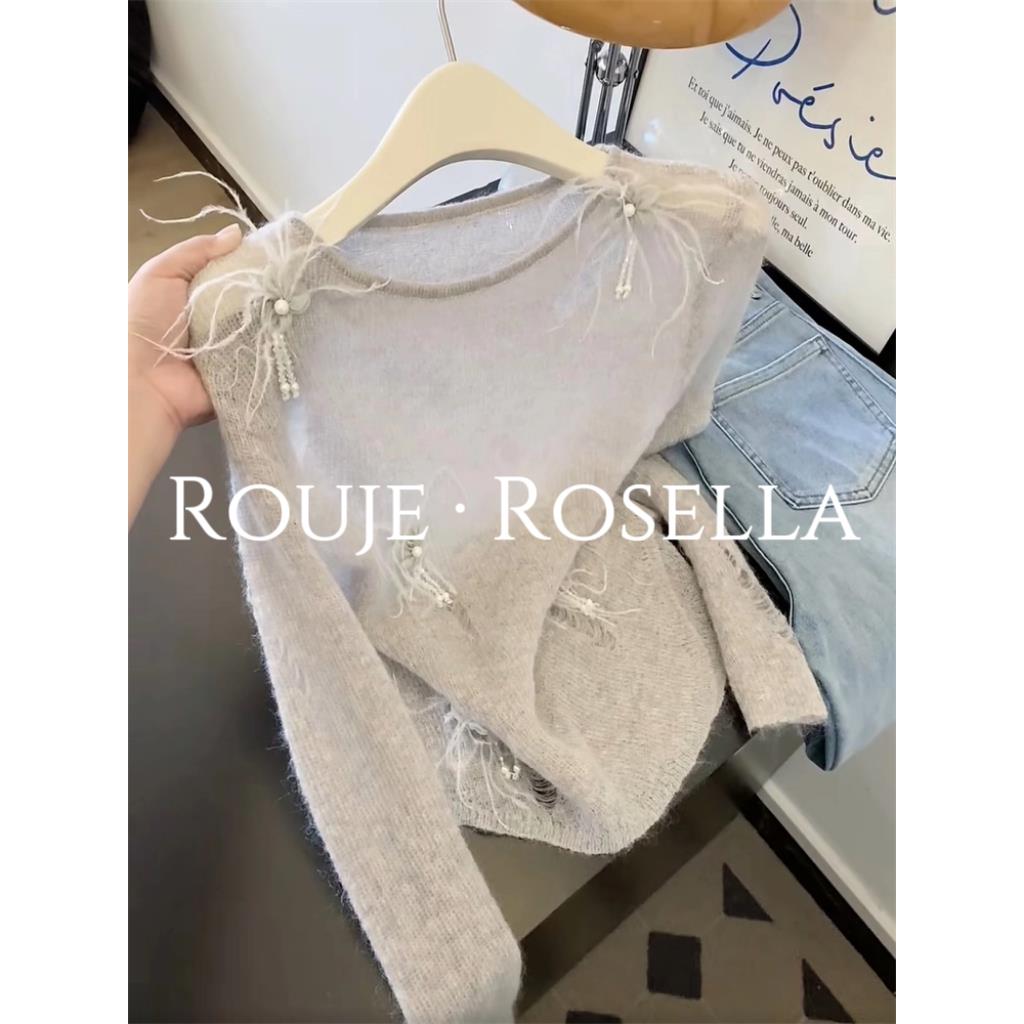 法国Rouje Rosella美到醉心?镂空针织衫女重工钉珠花朵修身上衣