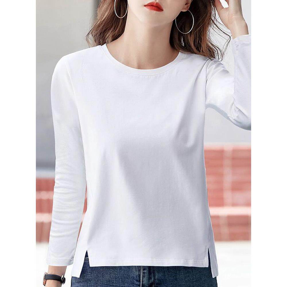 香港ITST白色长袖t恤女开叉内搭春秋冬宽松简约设计感纯棉打底衫