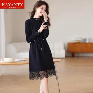 KAYANTY秋冬新款针织羊毛连衣裙女小个子配大衣拼接蕾丝羊绒裙子