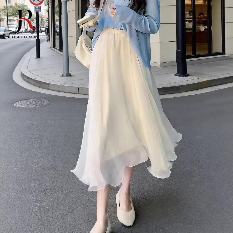 气质温柔风网纱半身裙子女夏季新款不规则白色a字小个子中长款裙