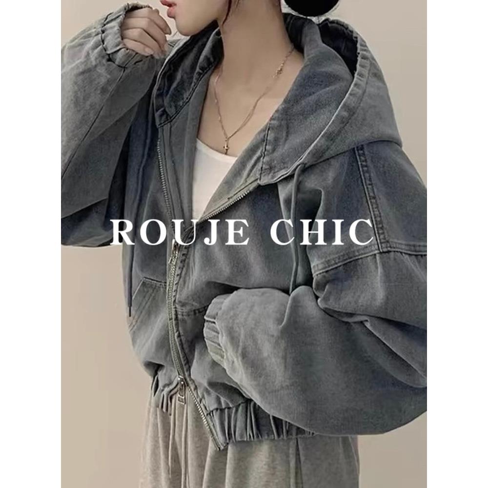 法国rouje chic法式复古风拉链式连帽牛仔外套女春季休闲短款上衣