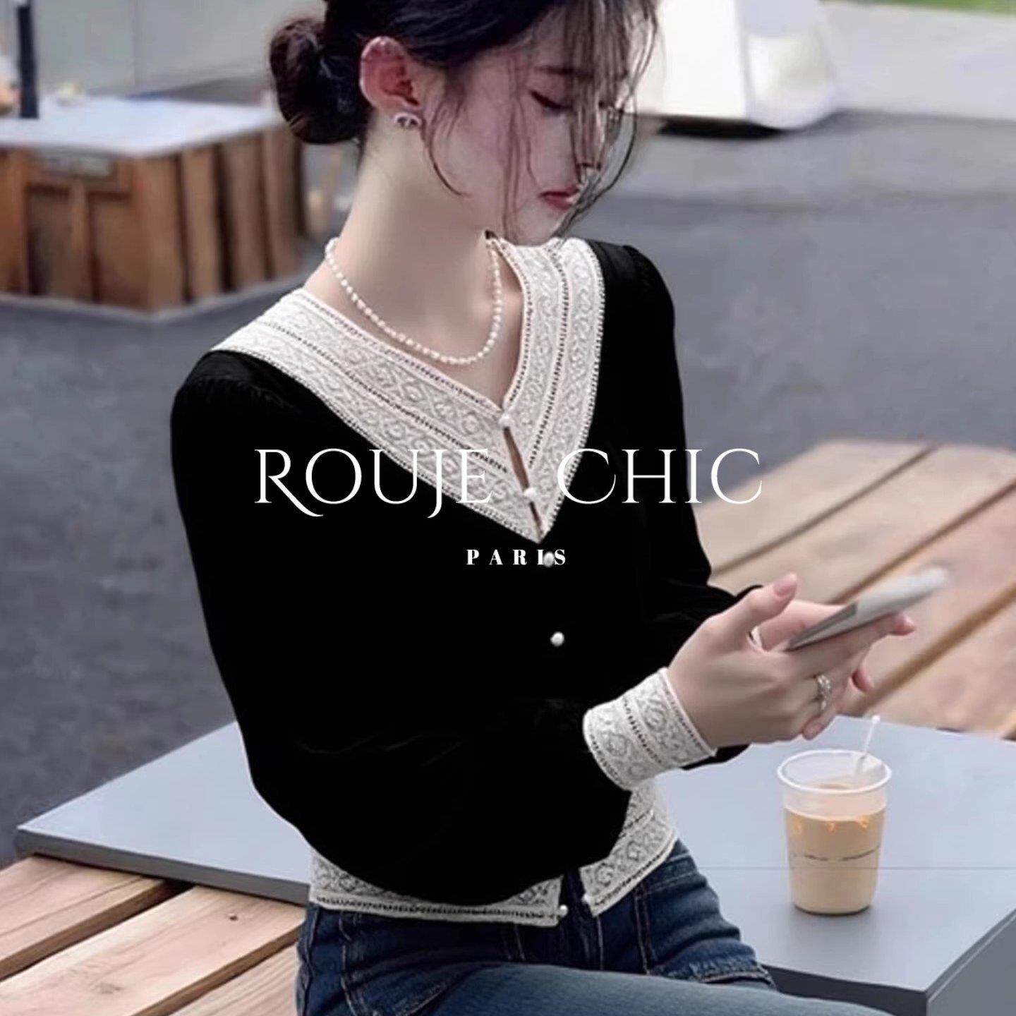 法国rouje chic黑色拼接V领长袖丝绒衬衫女春季洋气独特百搭上衣