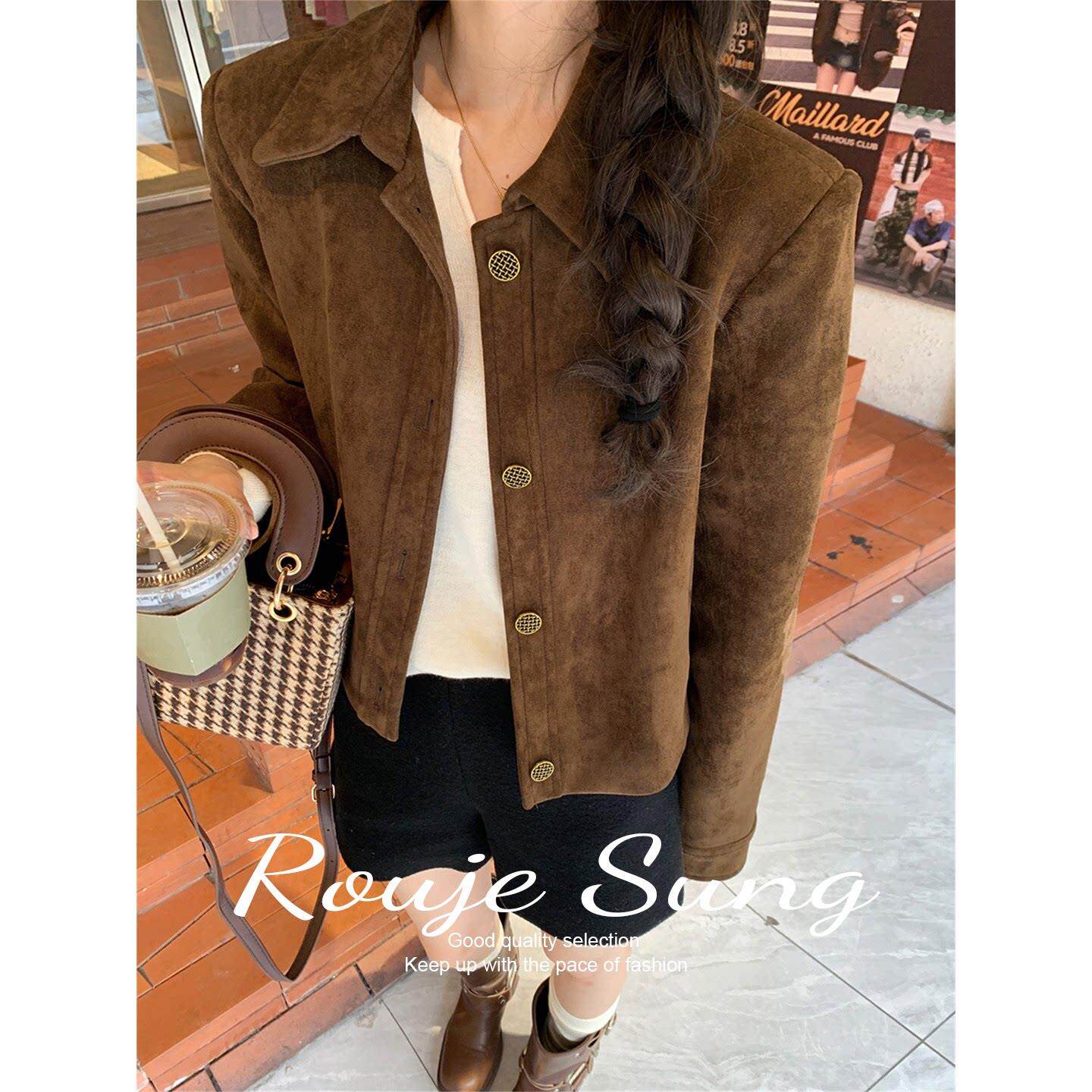 ROUJE SUNG麂皮绒夹克皮衣外套女春秋飞行服高级感小个子短款上衣