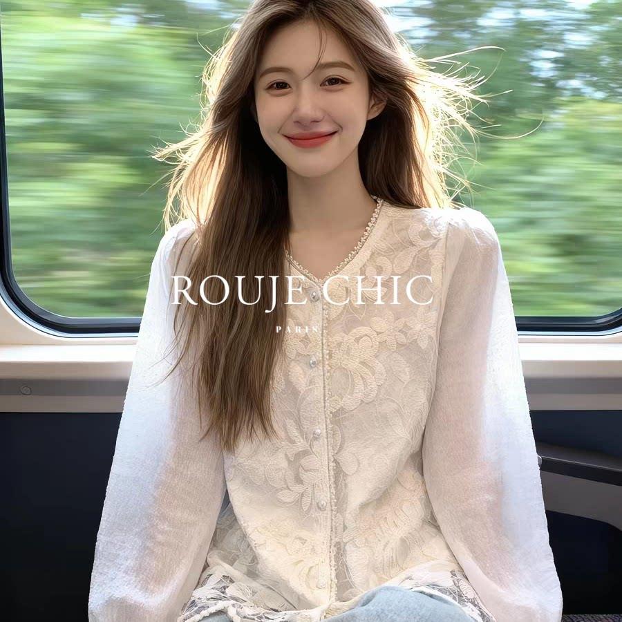 法国rouje chic春季重工白色蕾丝刺绣长袖衬衫女法式薄纱防晒衬衣