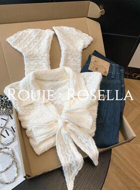 法国Rouje Rosella甜美仙女风蕾丝拼接镂空翻领女长袖针织上衣