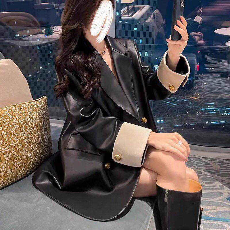 香港大尺码皮衣西装外套女士2026春秋高级感显瘦修身宽松中长版西