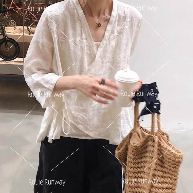 法式Rouje Runway民族风棉麻绣花V领衬衫夏宽松显瘦开衫汉服上衣