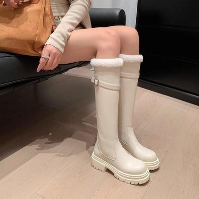 法式白色长筒靴女冬加绒真皮羊羔毛厚底高筒保暖雪地靴骑士靴女