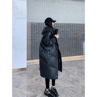 黑色鹅绒羽绒服女中长款 新款 韩版 宽松显瘦连帽过膝外套 2025年冬季