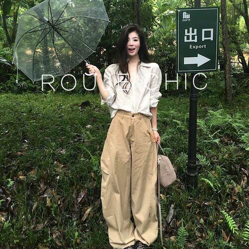 ROUJE CHIC法式条纹翻领长袖衬衫女春高腰卡其色弯刀裤休闲两件套