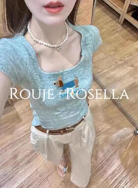 法国Rouje Rosella精致专辑⭐蓝色方领小狗针织T恤女夏季绝美上衣
