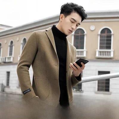PHLODINCA 秋冬羊毛双面呢驼色西装外套男青年短款毛呢大衣外套潮