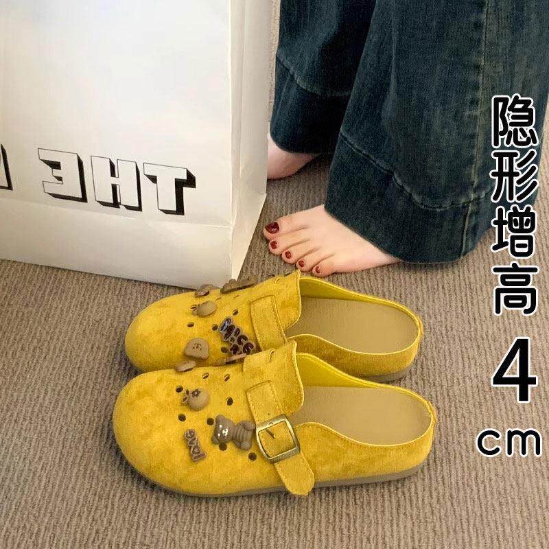 英国真皮黄色勃肯半拖鞋女夏季外穿2025新款透气洞洞单鞋平底凉拖