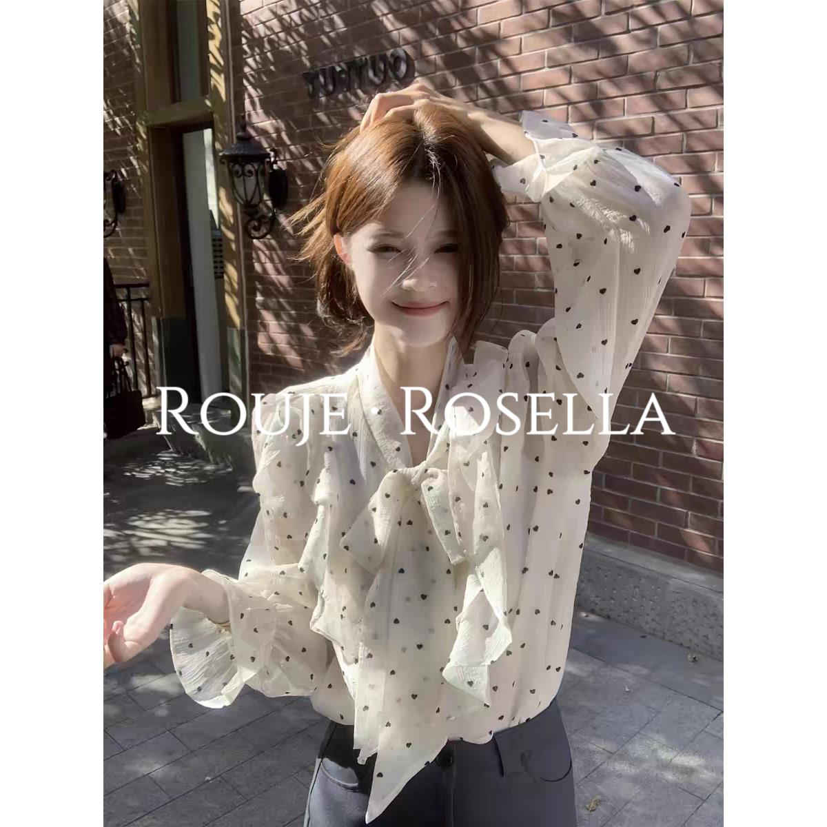 法国Rouje Rosella敲迷人⭐高级感荷叶边波点衬衫女绑带别致上衣