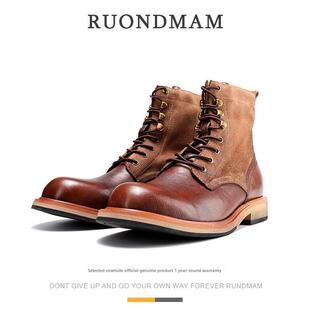 ruondam靴子男士 天鹅绒覆古工作靴Ami卡其高帮摩托车 真皮英国冬季