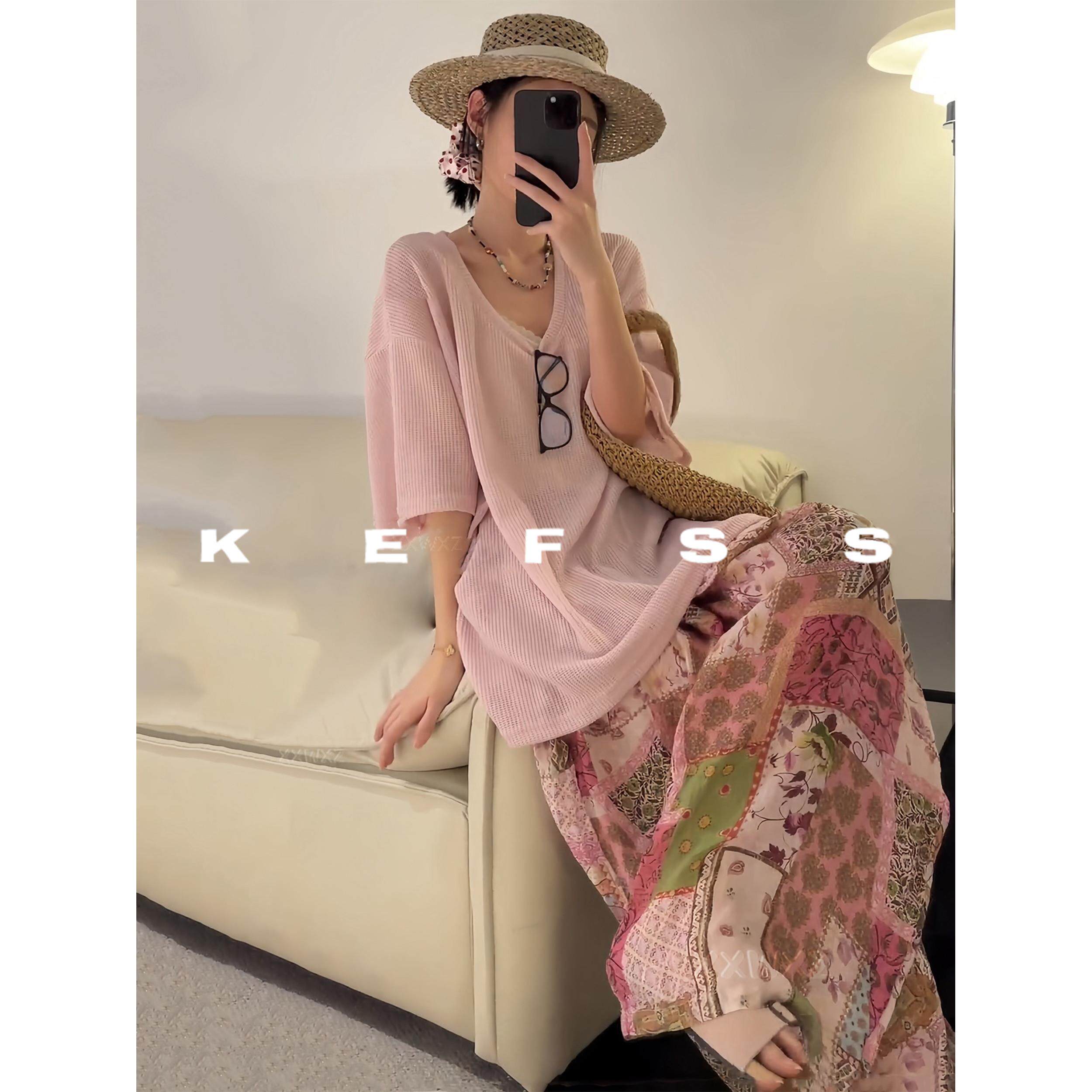 ROUJE KEFSS法式松弛感慵懒风毛针织衫薄款格子花花裤高级感套装