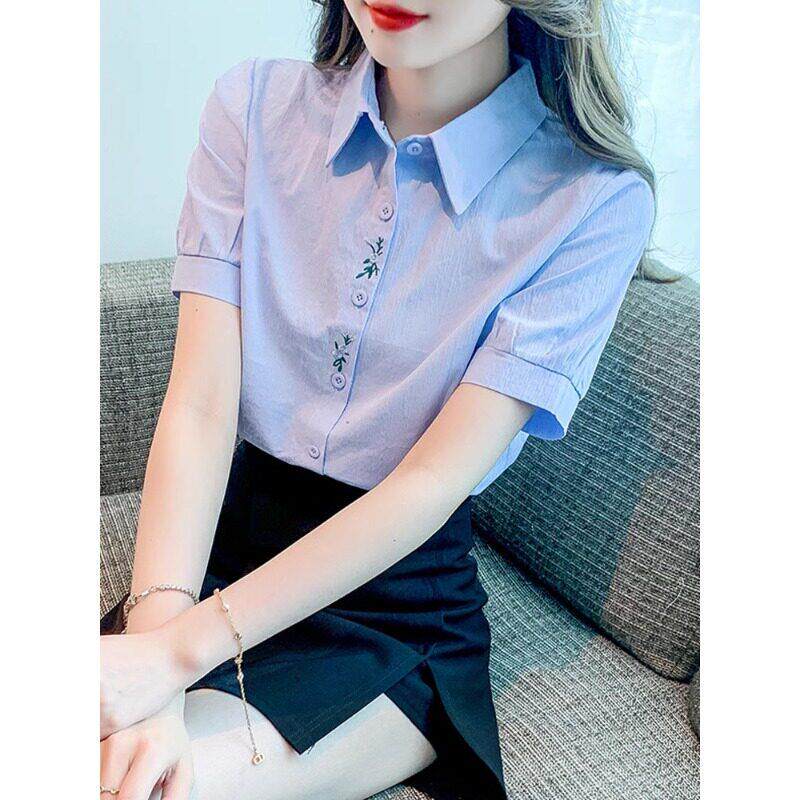 纯棉衬衫女短袖2026夏季新款洋气显瘦刺绣职业装衬衣时尚百搭上衣