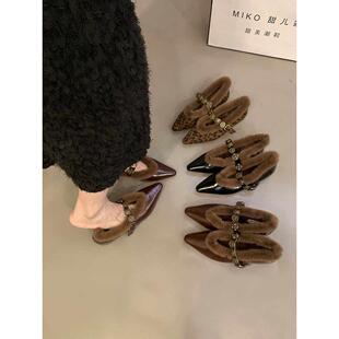 潮牌法式平底秋冬季毛毛棉鞋单鞋女鞋尖头高级感豹纹玛丽珍晚晚鞋