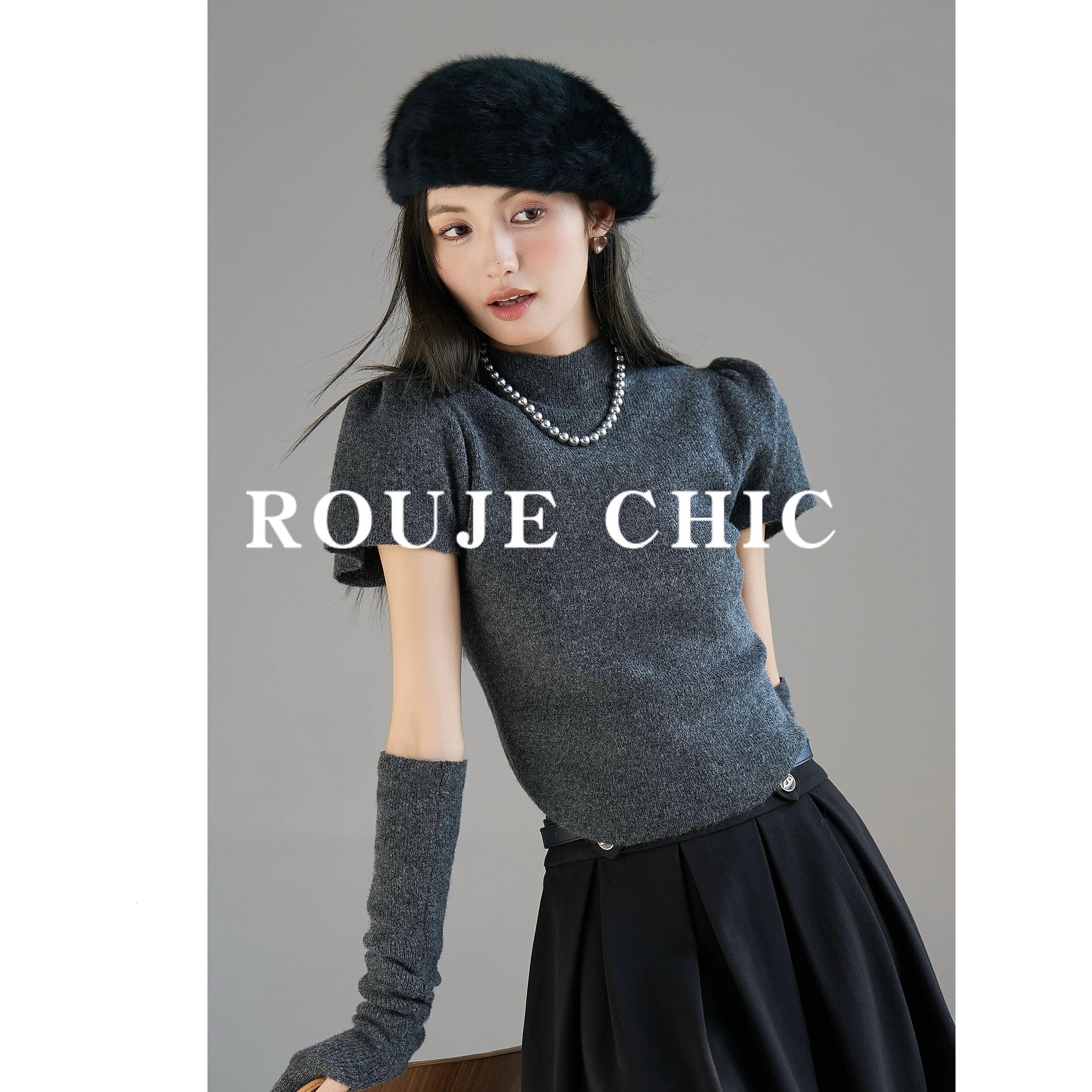 法国rouje chic高级感灰色半高领针织衫女春季新款泡泡袖短款上衣