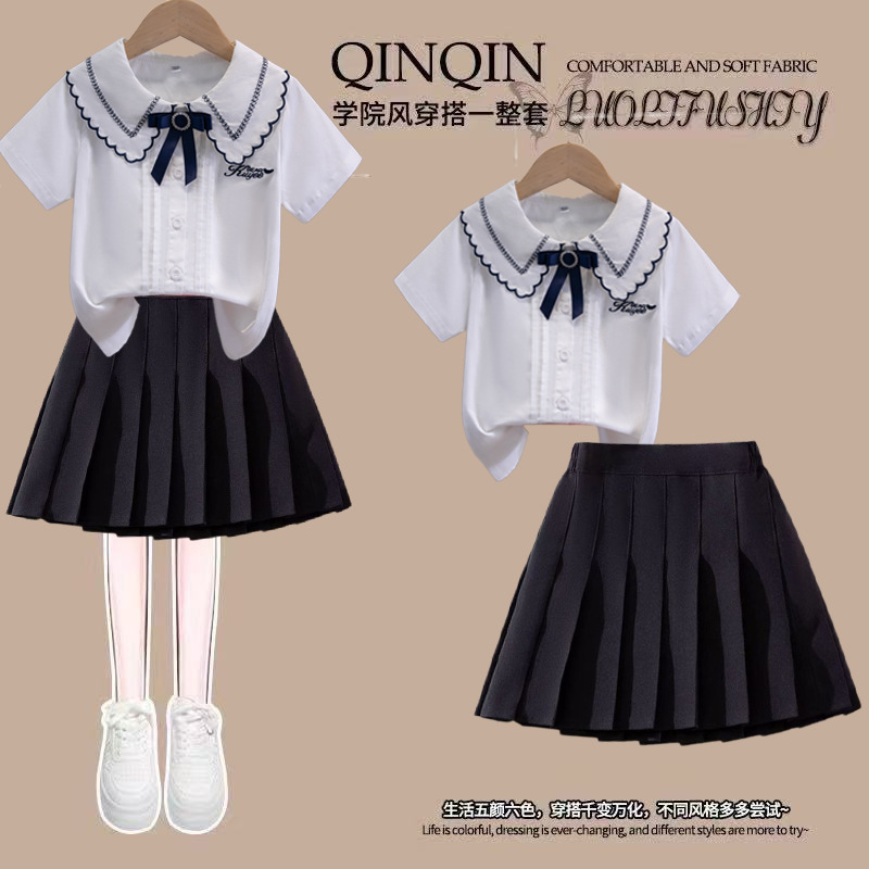 儿童礼服白衬衫两件套装女童班服纯棉衬衣夏款小学生校服表演出服