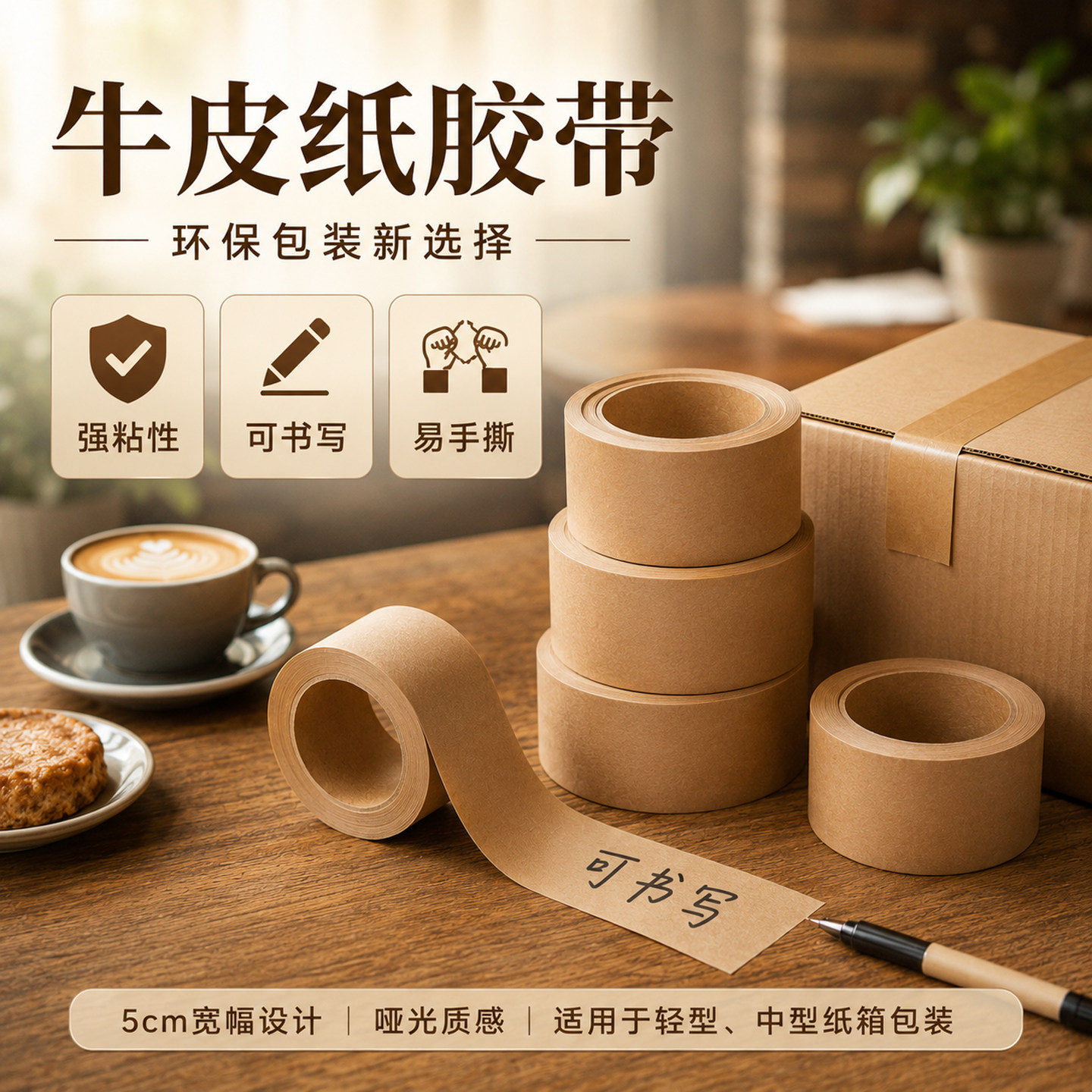 免水自粘牛皮纸胶带5cm宽环保包装强粘性可书写易手撕牛皮色胶带