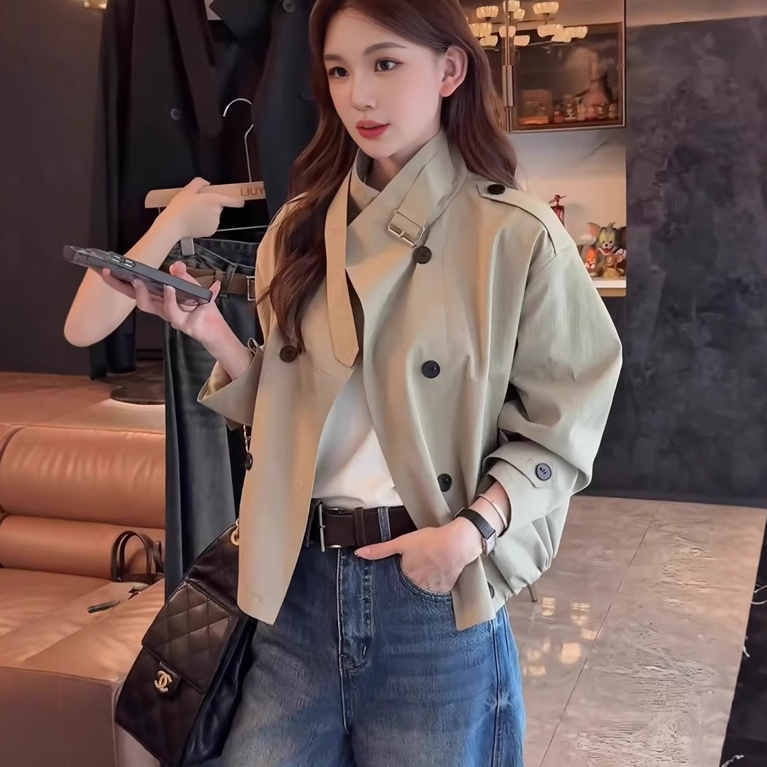英伦风双排扣立领短款风衣外套女2025秋季新款休闲宽松小个子上衣
