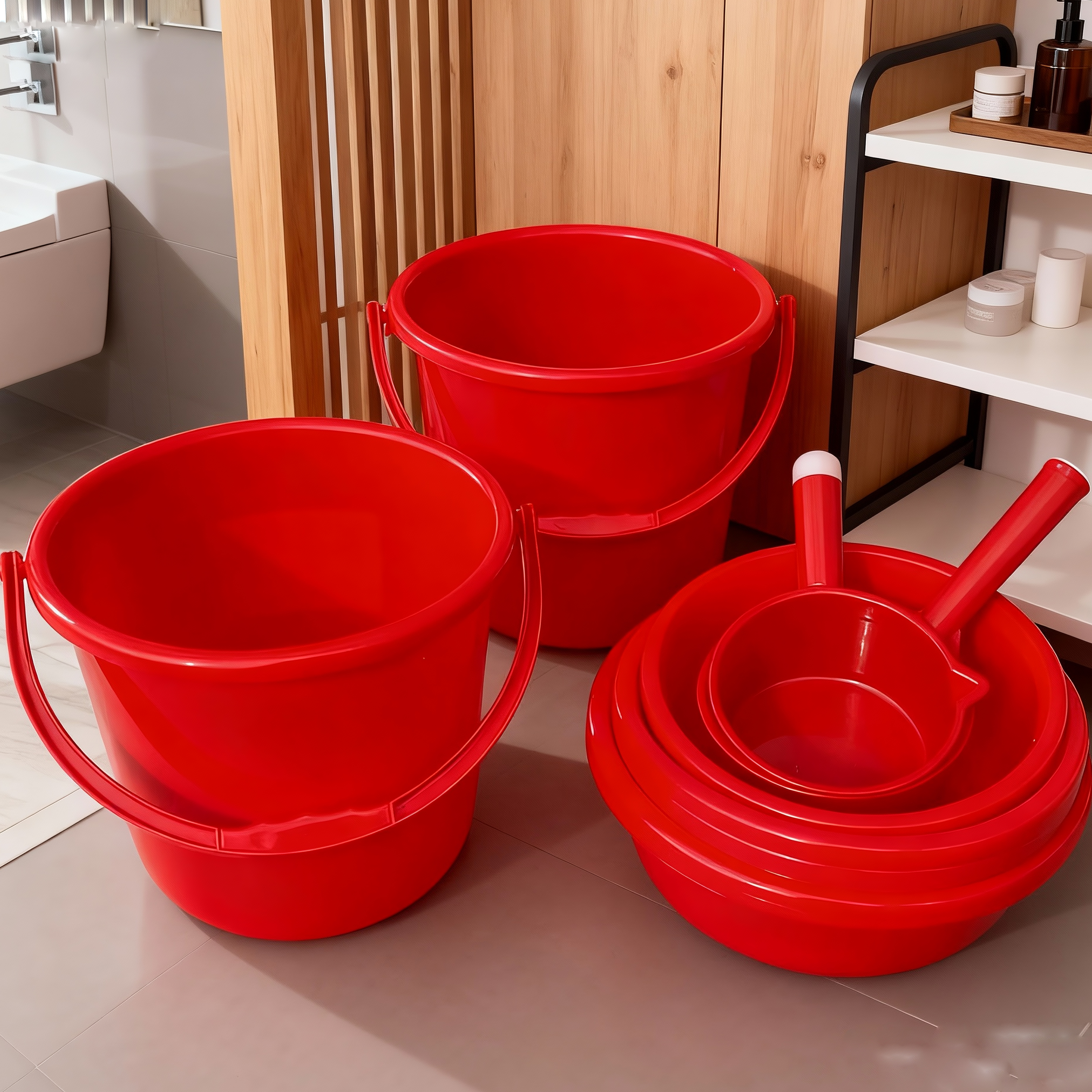 大红色加厚塑料桶脸盆水勺三件套家用学生宿舍用老式水桶结婚喜庆